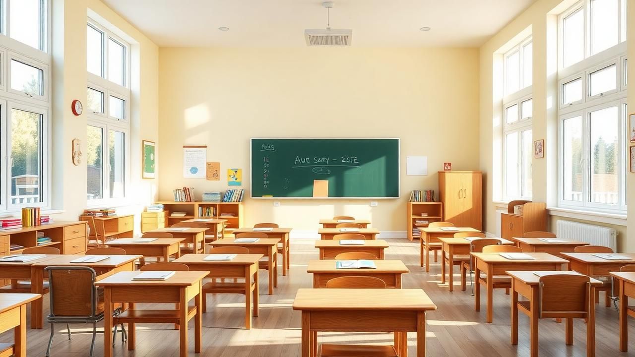 Aula luminosa con pupitres de madera, libros y pizarra