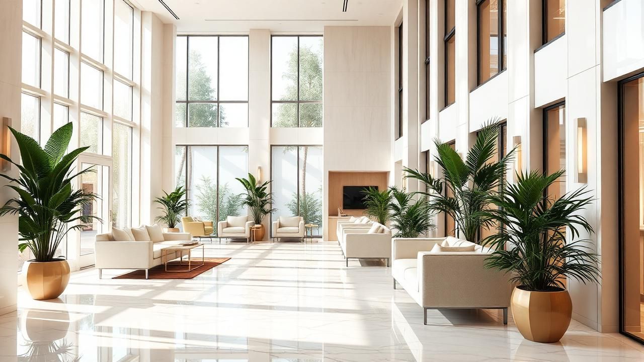 Lobby de hotel elegante con grandes ventanales y plantas