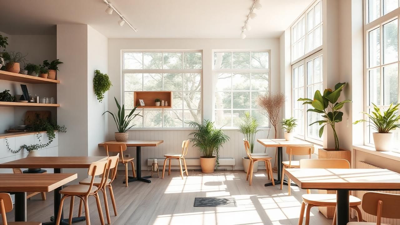 Interior luminoso de una pequeña cafetería con mesas de madera y plantas