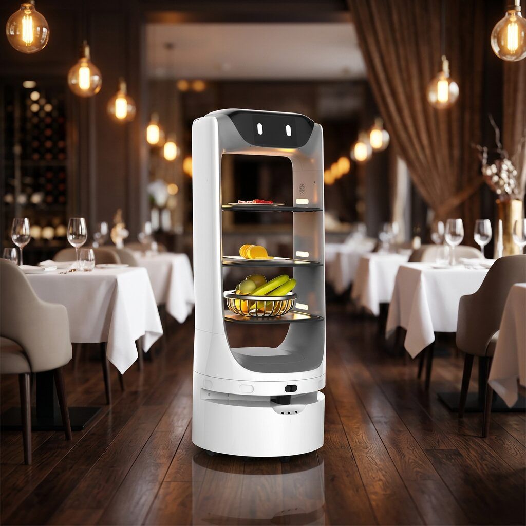 Robot camarero con bandejas de comida sirviendo en un restaurante elegante