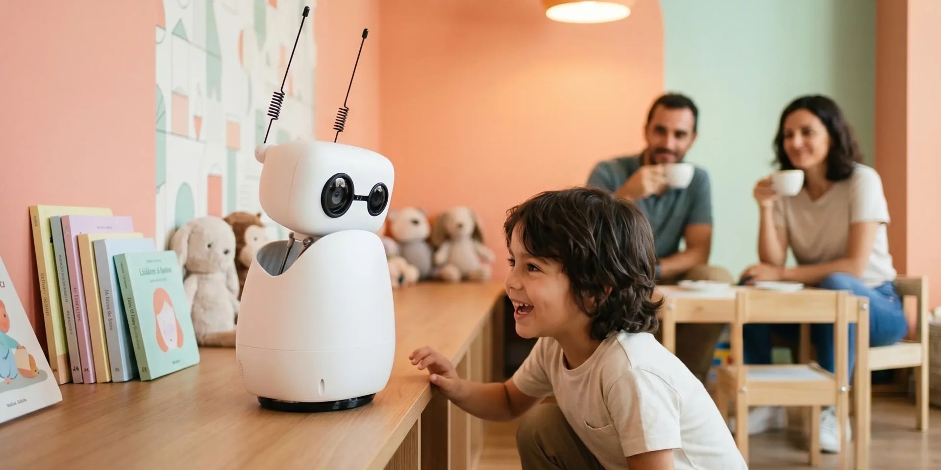 Kids Magnet — robot Reachy Mini entreteniendo a niños en una zona infantil de hotel o academia de idiomas