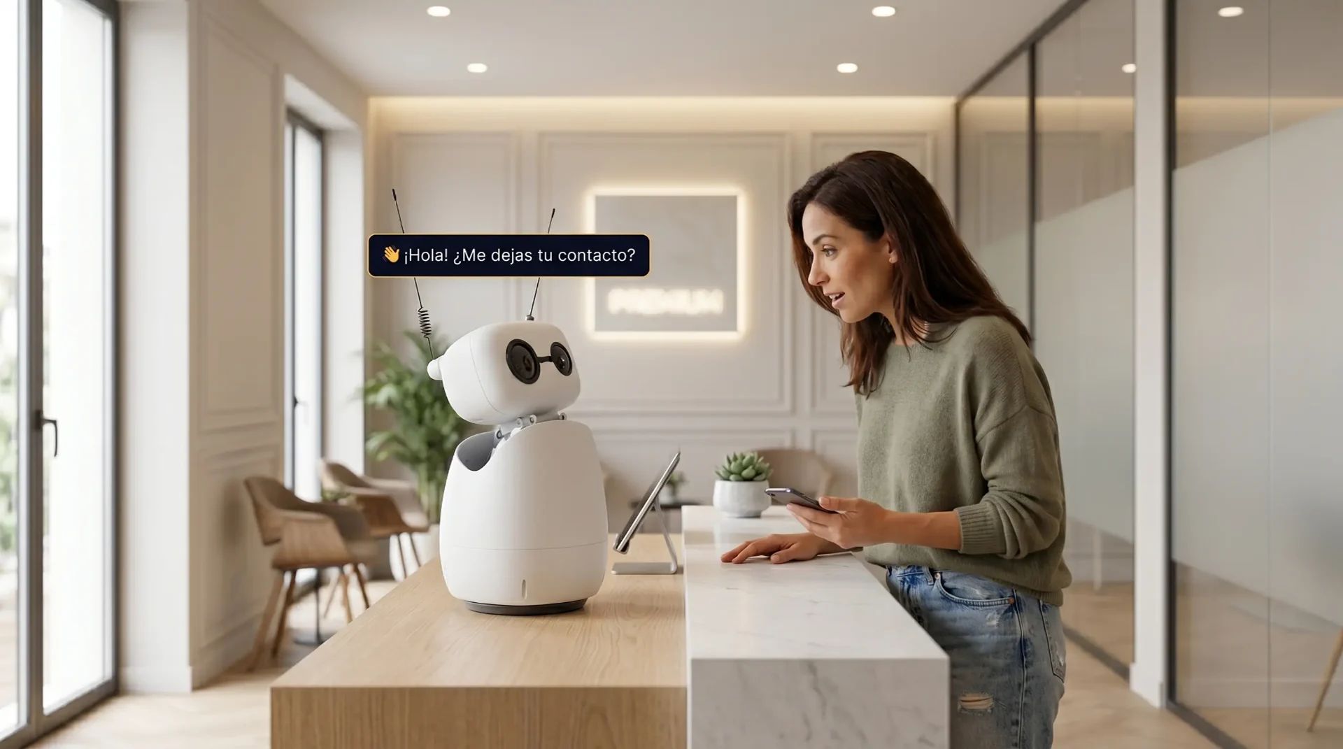 Lead Capture Robot — robot Reachy Mini capturando emails y teléfonos de visitantes en un showroom mediante interacción