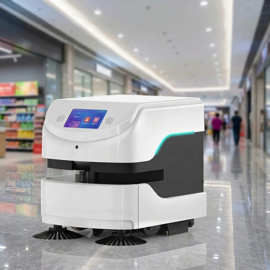 Robot de limpieza industrial autónomo trabajando en un almacén con suelos pulidos