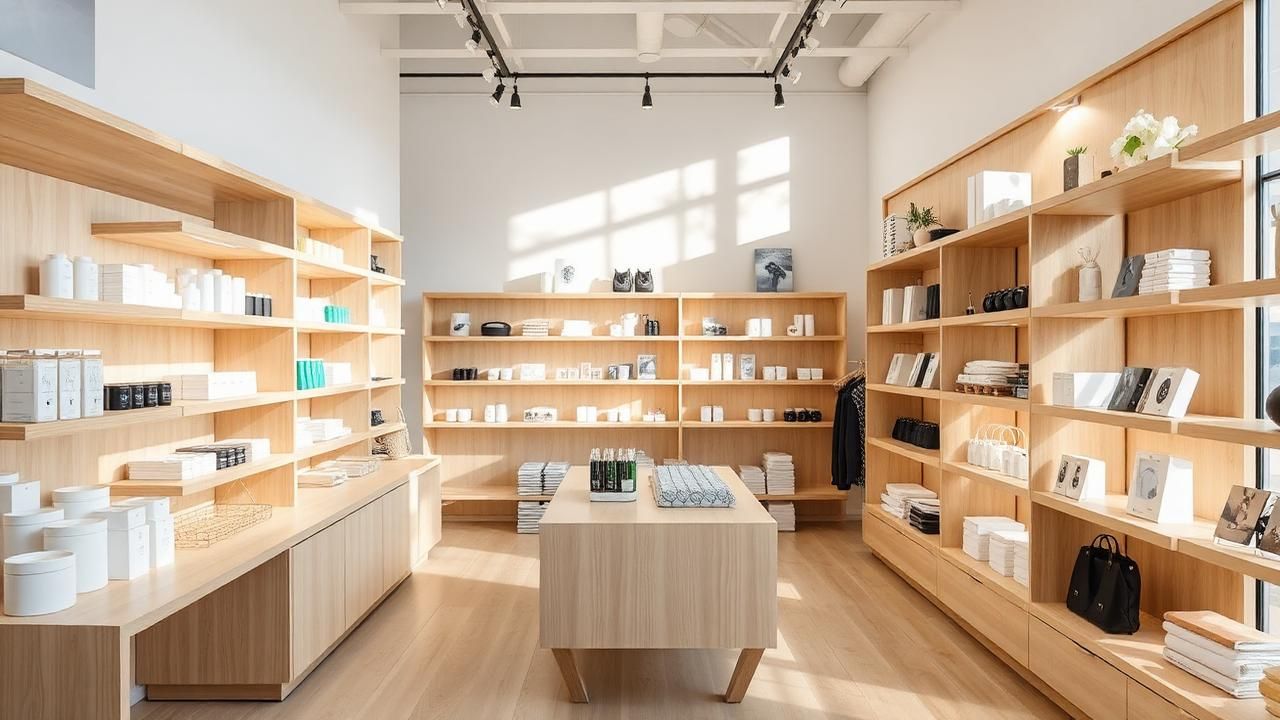 Interior de una tienda boutique moderna con estanterías de madera