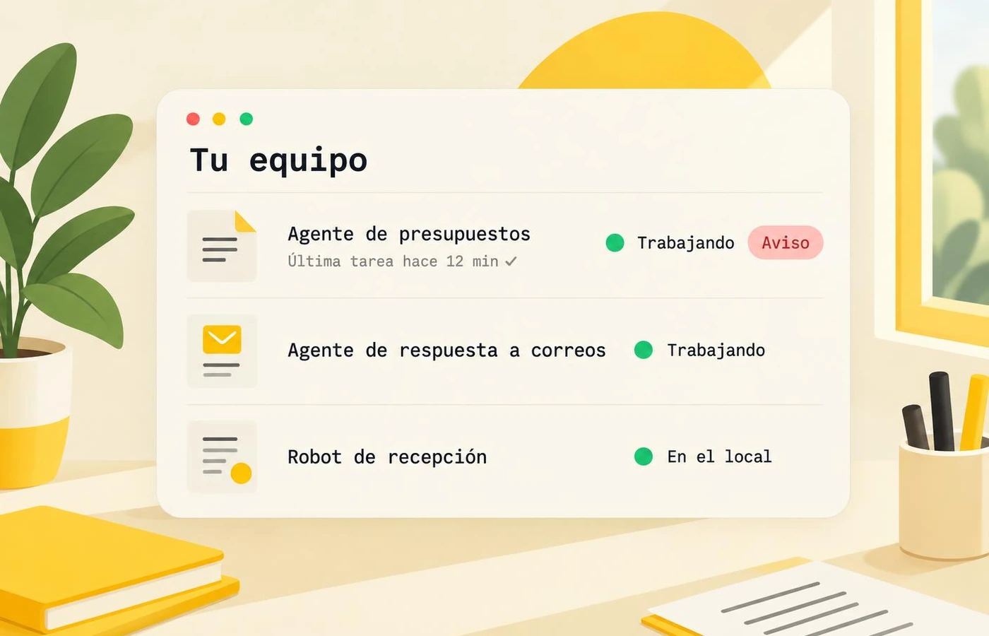 Vista ilustrativa de Yelloway Park con el estado de agentes y robots